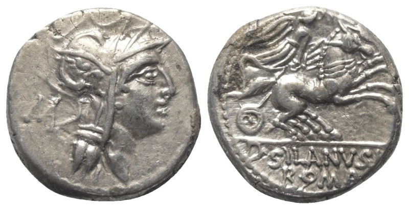 D. Iunius Silanus.

 Denar (Silber). 91 v. Chr. Rom.
Vs: Kopf der Roma mit ge...