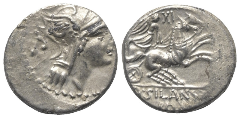 D. Iunius Silanus.

 Denar (Silber). 91 v. Chr. Rom.
Vs: Kopf der Roma mit ge...