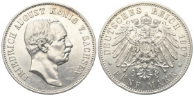 Kaiserreich. Sachsen. Friedrich August III. (1904 - 1918).

 5 Mark (Silber). 1907 E.
Vs: Kopf rechts, darunter Münzzeichen E.
Rs: Großer Reichsad...