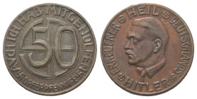 Drittes Reich.

 50 Opferpfennige (Kupfer). Ohne Jahr.
Spendenmarke.

18 mm. 2,33 g. 
 Vorzüglich.