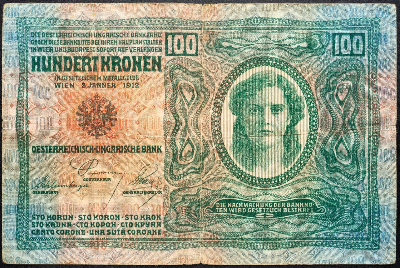 Franz Joseph I., 100 Kronen 1912 Franz Joseph I., 100 Kronen 1912, Overprint; VG...