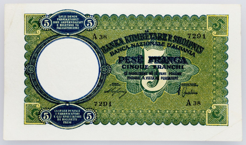 Albania, 5 Franga 1939 Albania, 5 Franga 1939; EF

Grade: EF