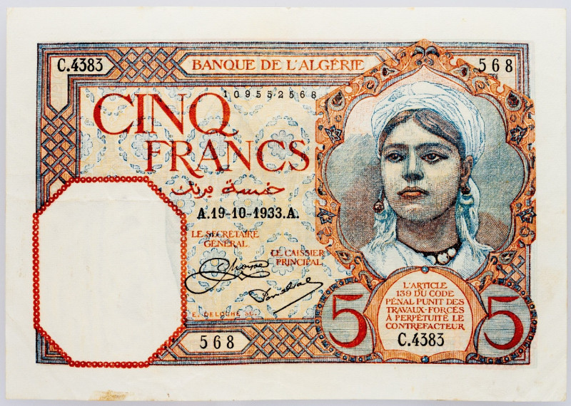 Algeria, 5 Francs 1933 Algeria, 5 Francs 1933, Stains; F+

Grade: F+