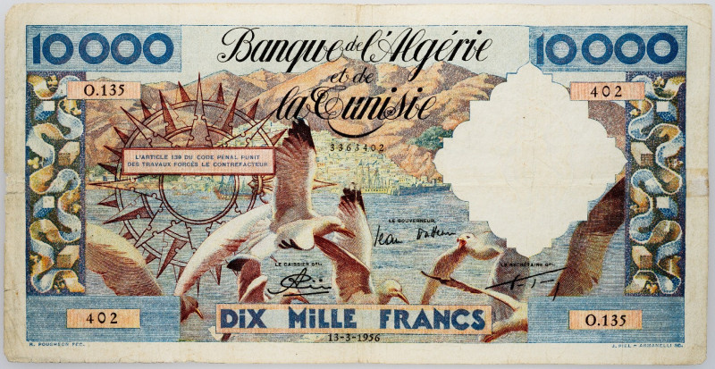 Algeria, 10000 Francs 1956 Algeria, 10000 Francs 1956, Pinholes, glued; VG-F

...