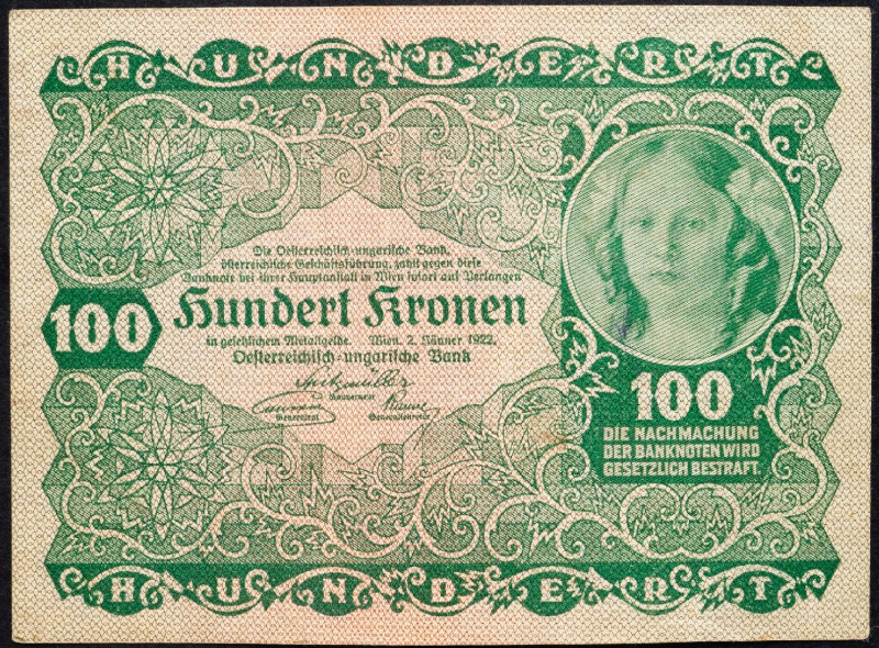 Austria, 100 Kronen 1922 Austria, 100 Kronen 1922; VF

Grade: VF