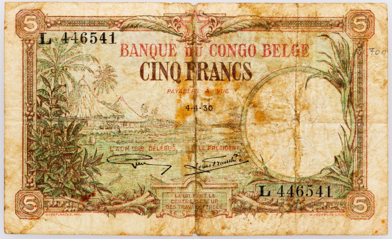 Belgian Congo, 5 Francs 1930 Belgian Congo, 5 Francs 1930; G-VG

Grade: G-VG