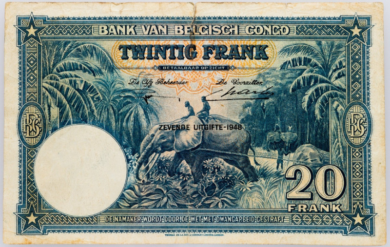 Belgian Congo, 20 Francs 1947 Belgian Congo, 20 Francs 1947, Traces of glue, tor...