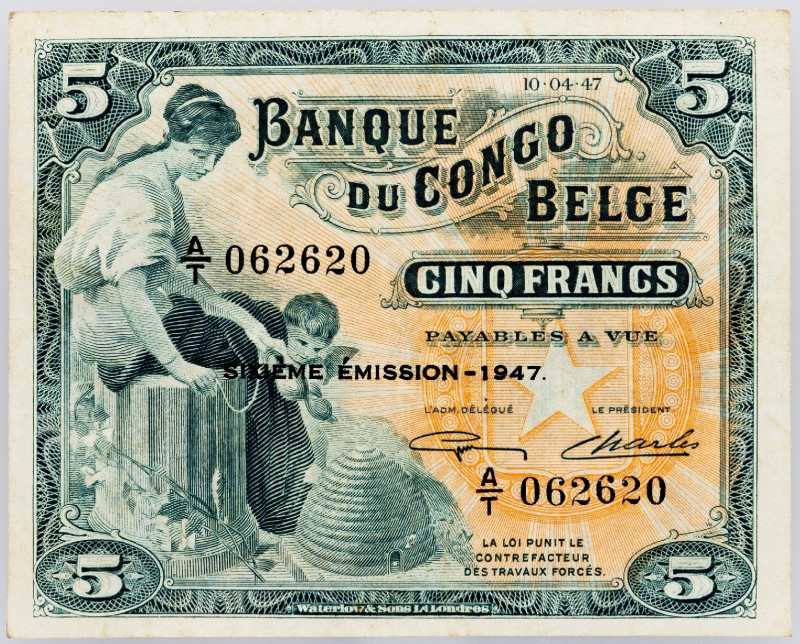 Belgian Congo, 5 Francs 1947 Belgian Congo, 5 Francs 1947, Rare in this conditio...