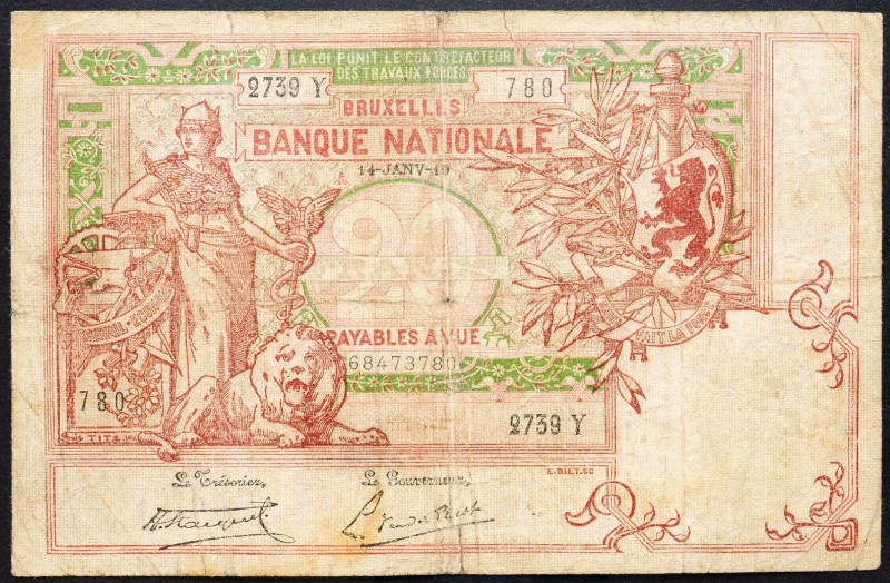 Belgium, 20 Francs 1919 Belgium, 20 Francs 1919; VG

Grade: VG