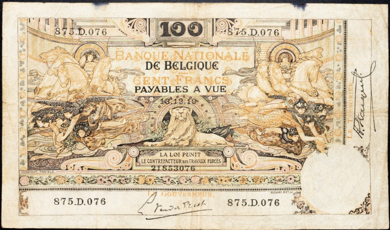 Belgium, 100 Francs 1919 Belgium, 100 Francs 1919; VG

Grade: VG