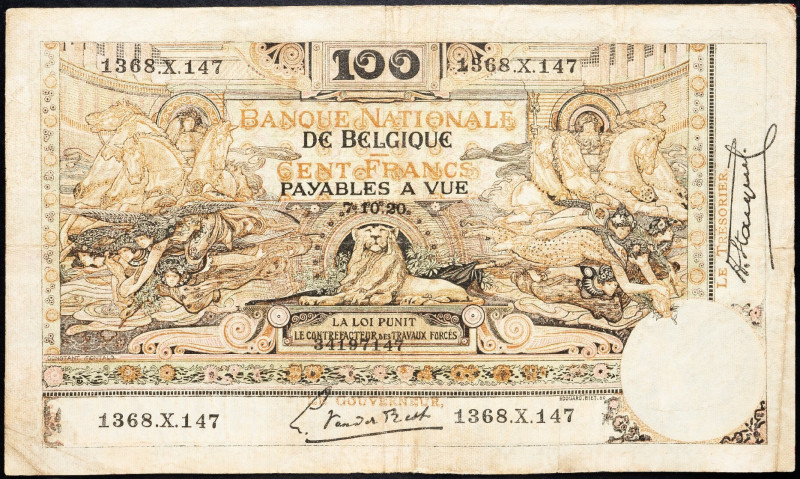 Belgium, 100 Francs 1920 Belgium, 100 Francs 1920; VG

Grade: VG