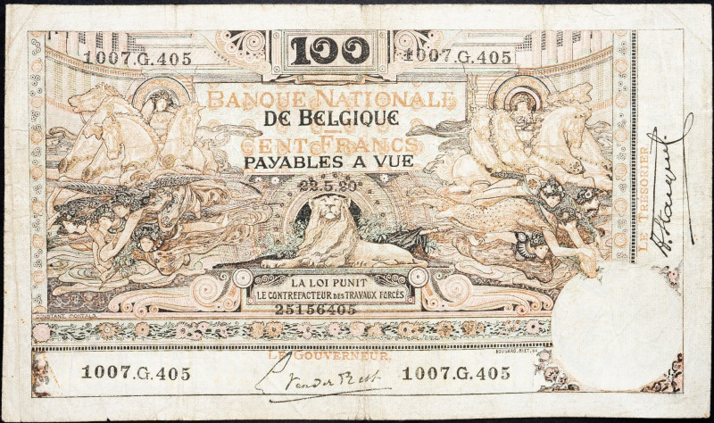 Belgium, 100 Francs 1920 Belgium, 100 Francs 1920; VG

Grade: VG