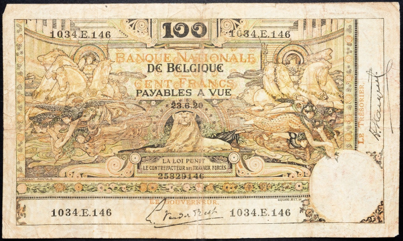 Belgium, 100 Francs 1920 Belgium, 100 Francs 1920; VG

Grade: VG