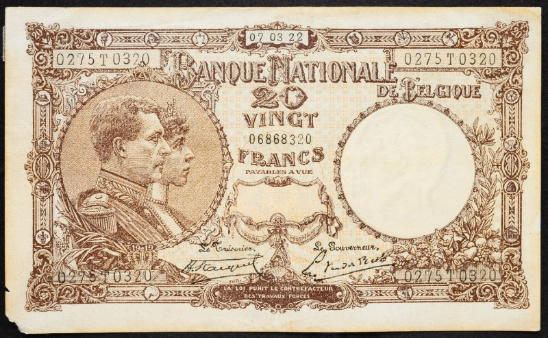 Belgium, 20 Francs 1922 Belgium, 20 Francs 1922, In the upper corner, it has adh...
