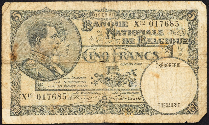 Belgium, 5 Francs 1930 Belgium, 5 Francs 1930, Torn; G

Grade: G