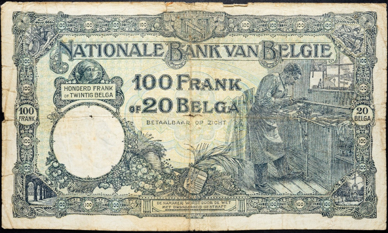 Belgium, 100 Frank 1930 Belgium, 100 Frank 1930, Tattered; VG

Grade: VG