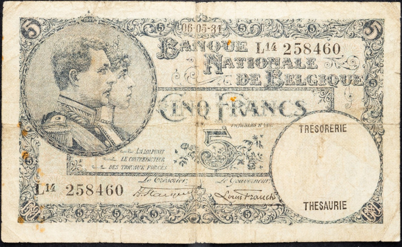 Belgium, 5 Francs 1931 Belgium, 5 Francs 1931; VG

Grade: VG