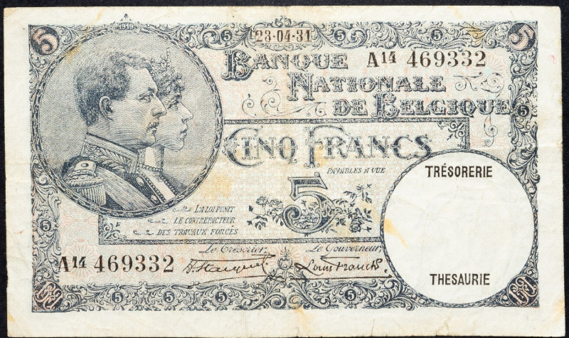 Belgium, 5 Francs 1931 Belgium, 5 Francs 1931; VG

Grade: VG