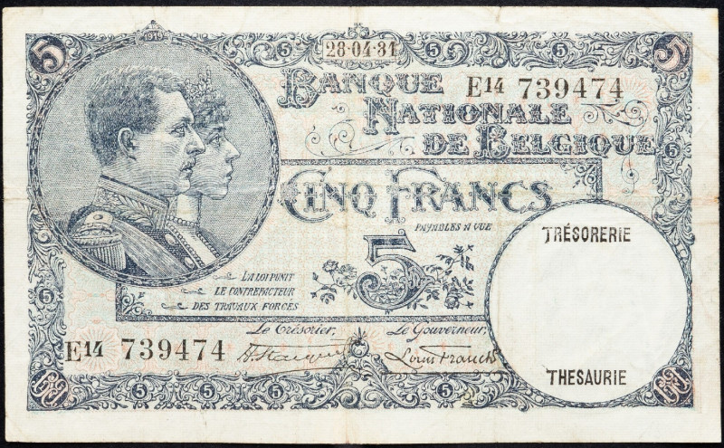 Belgium, 5 Francs 1931 Belgium, 5 Francs 1931; VG

Grade: VG