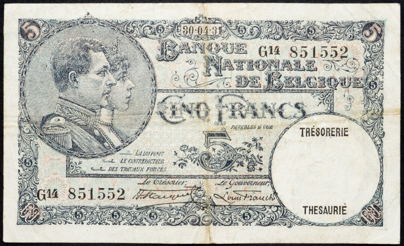 Belgium, 5 Francs 1931 Belgium, 5 Francs 1931; VG

Grade: VG