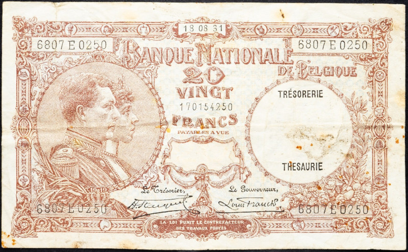 Belgium, 20 Francs 1931 Belgium, 20 Francs 1931; VG

Grade: VG