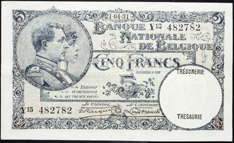 Belgium, 5 Francs 1931 Belgium, 5 Francs 1931; aVF

Grade: aVF