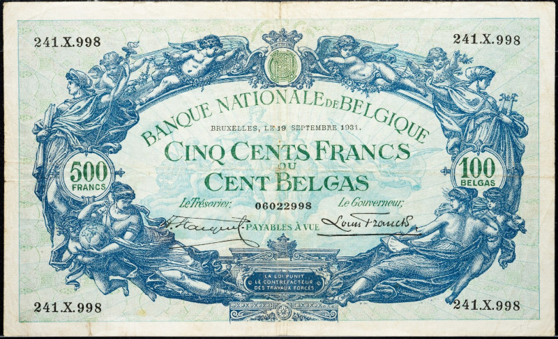 Belgium, 500 Francs 1931 Belgium, 500 Francs 1931; VG

Grade: VG