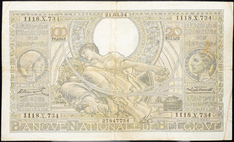 Belgium, 100 Francs 1934 Belgium, 100 Francs 1934; VG

Grade: VG