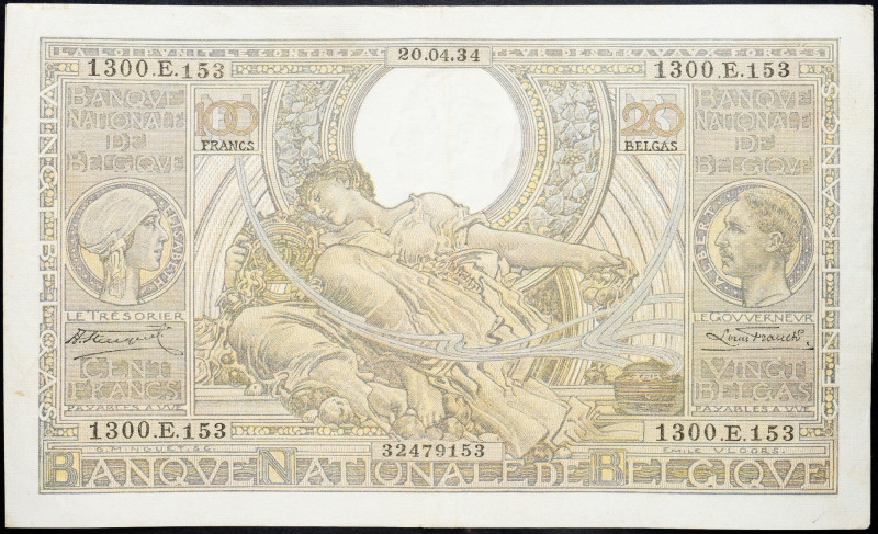 Belgium, 100 Francs 1934 Belgium, 100 Francs 1934; VF

Grade: VF