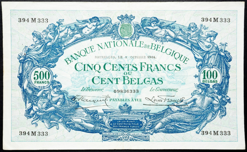 Belgium, 500 Francs 1934 Belgium, 500 Francs 1934; aEF

Grade: aEF