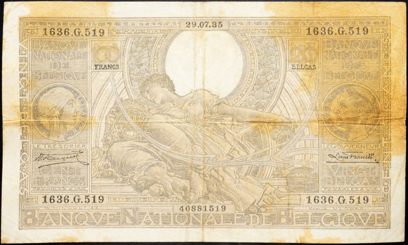 Belgium, 100 Francs 1935 Belgium, 100 Francs 1935; VG

Grade: VG