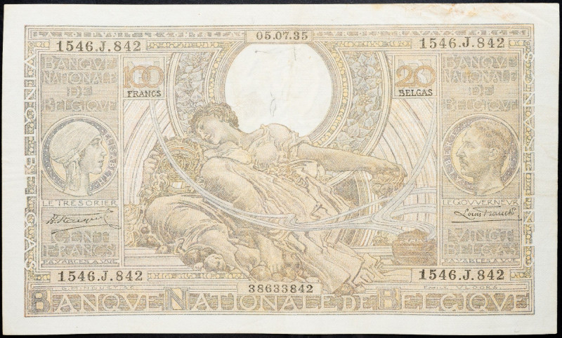 Belgium, 100 Francs 1935 Belgium, 100 Francs 1935; VF

Grade: VF