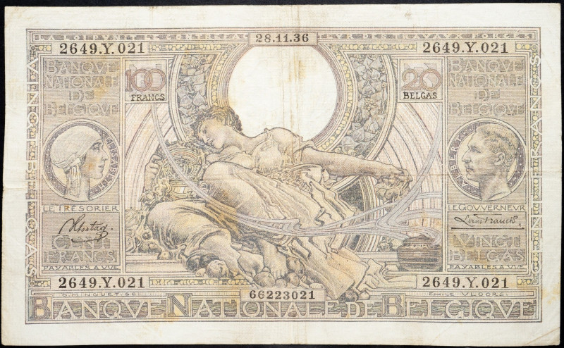 Belgium, 100 Francs 1936 Belgium, 100 Francs 1936; VG

Grade: VG