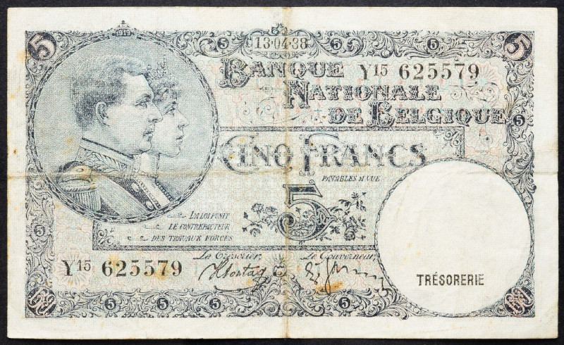 Belgium, 5 Francs 1938 Belgium, 5 Francs 1938; VG

Grade: VG