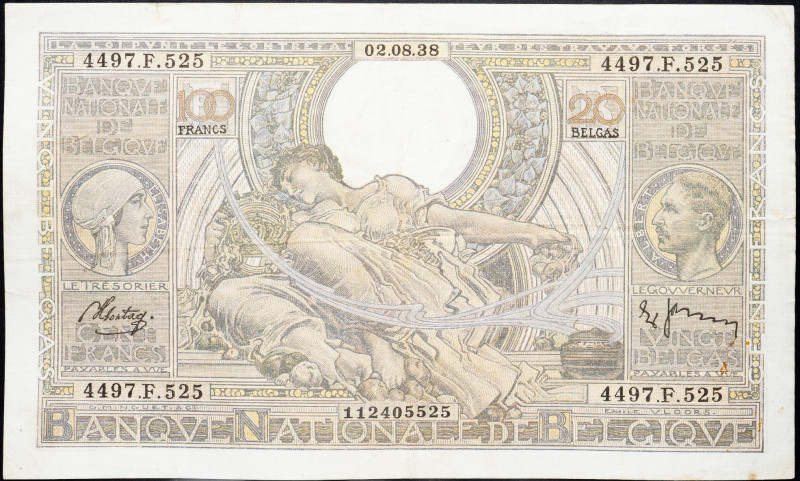 Belgium, 100 Francs 1938 Belgium, 100 Francs 1938; F

Grade: F