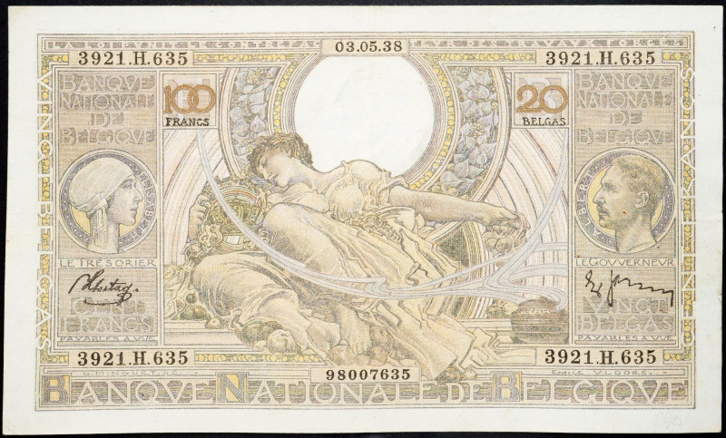 Belgium, 100 Francs 1938 Belgium, 100 Francs 1938; VF

Grade: VF