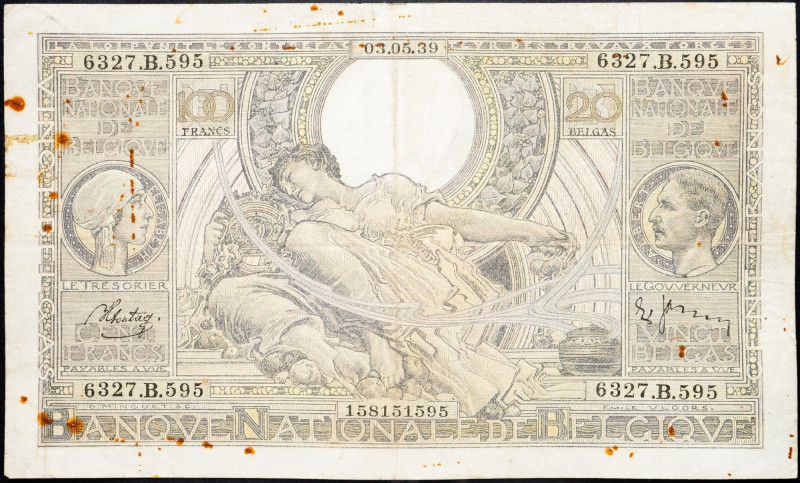 Belgium, 100 Francs 1939 Belgium, 100 Francs 1939; VG

Grade: VG