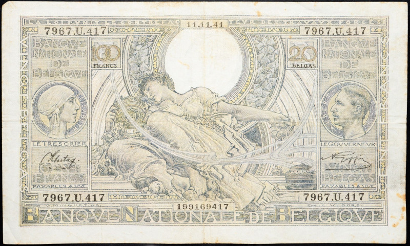 Belgium, 100 Francs 1941 Belgium, 100 Francs 1941; VG

Grade: VG