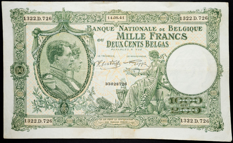 Belgium, 1000 Francs 1941 Belgium, 1000 Francs 1941; F

Grade: F