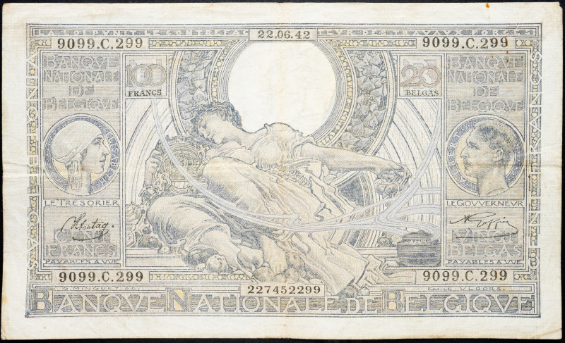 Belgium, 100 Francs 1942 Belgium, 100 Francs 1942; VG

Grade: VG