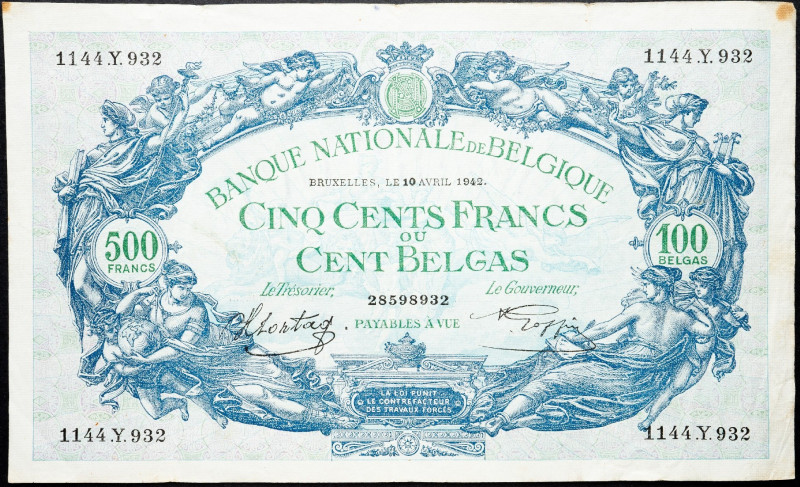 Belgium, 500 Francs 1942 Belgium, 500 Francs 1942; F

Grade: F