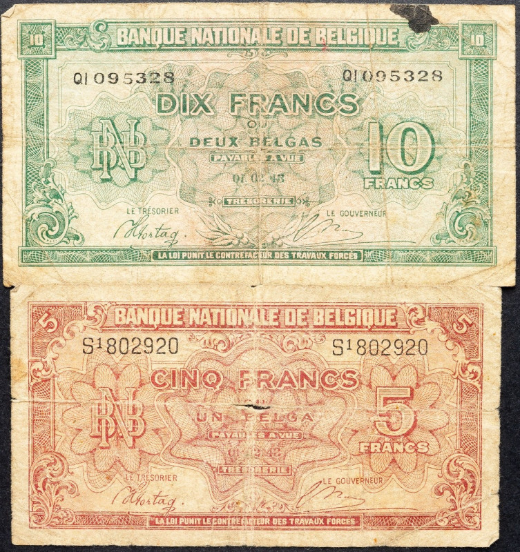 Belgium, 5, 10 Francs 1943 Belgium, 5, 10 Francs 1943, Lot of two banknotes; G
...