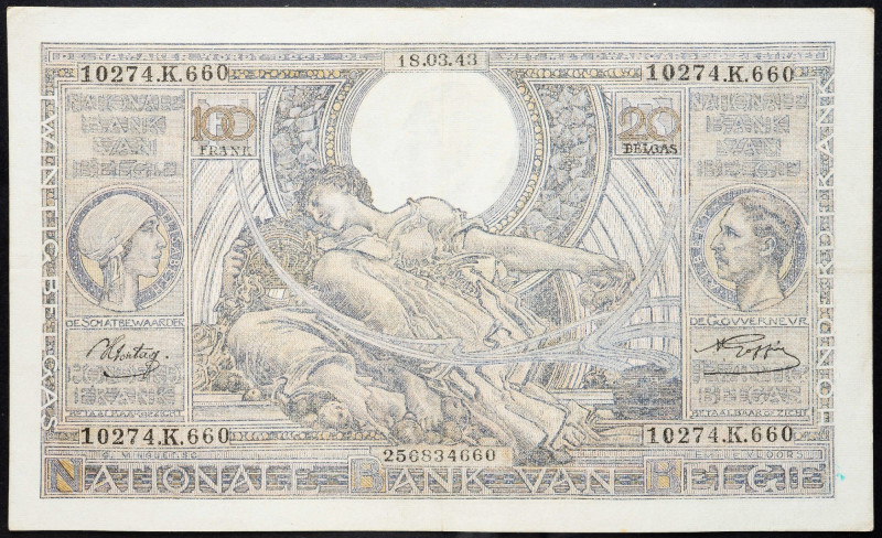 Belgium, 100 Francs 1943 Belgium, 100 Francs 1943; aEF

Grade: aEF