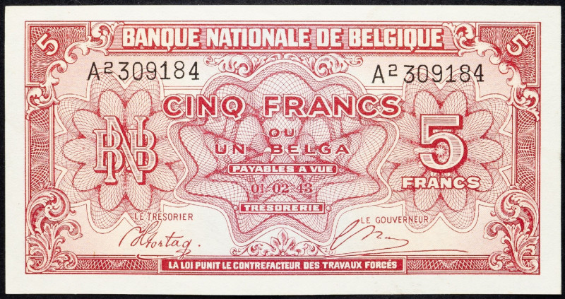 Belgium, 5 Francs 1943 Belgium, 5 Francs 1943; UNC

Grade: UNC