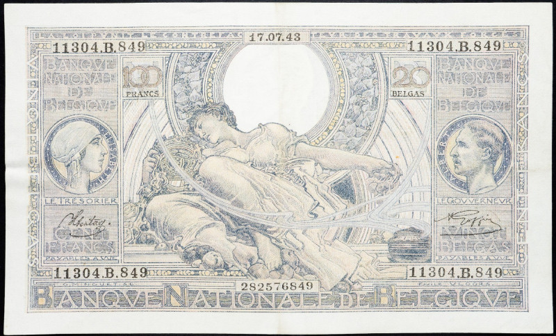 Belgium, 100 Francs 1943 Belgium, 100 Francs 1943; VF

Grade: VF