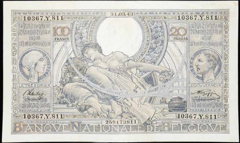 Belgium, 100 Francs 1943 Belgium, 100 Francs 1943; VF

Grade: VF