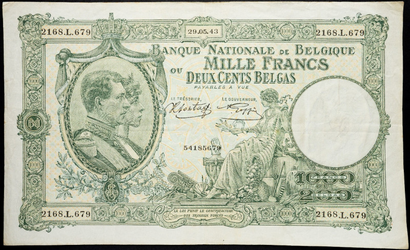 Belgium, 1000 Francs 1943 Belgium, 1000 Francs 1943; VF

Grade: VF