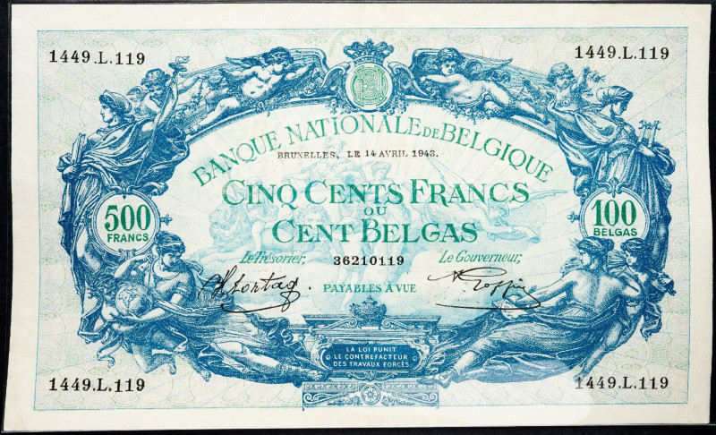 Belgium, 500 Francs 1943 Belgium, 500 Francs 1943; aEF

Grade: aEF