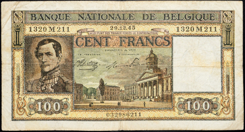 Belgium, 100 Francs 1945 Belgium, 100 Francs 1945; VG

Grade: VG