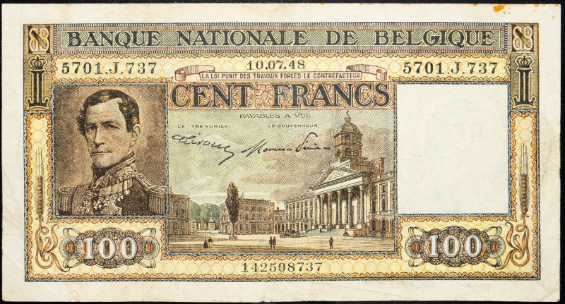 Belgium, 100 Francs 1948 Belgium, 100 Francs 1948; VF

Grade: VF